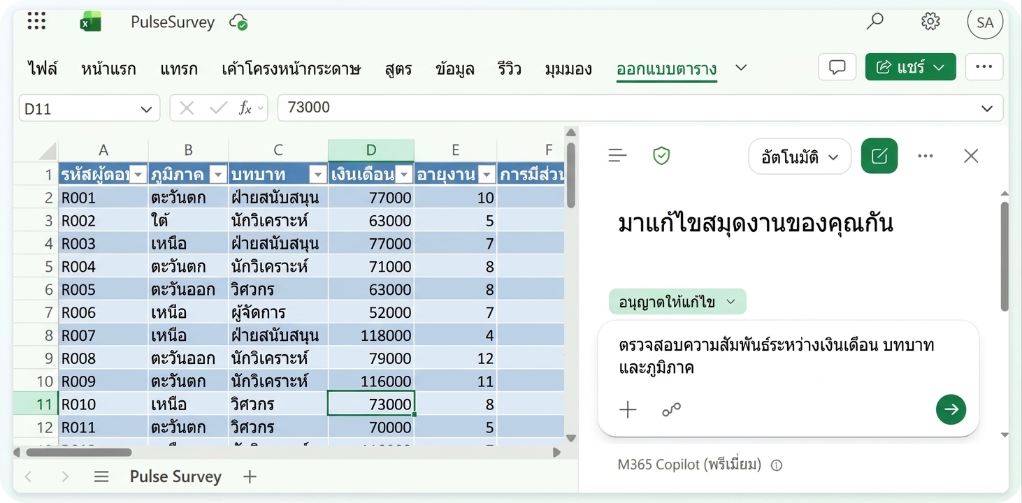 เวิร์กบุ๊ก PulseSurvey พร้อมคำขอวิเคราะห์ความสัมพันธ์ที่พิมพ์ในแผง Copilot