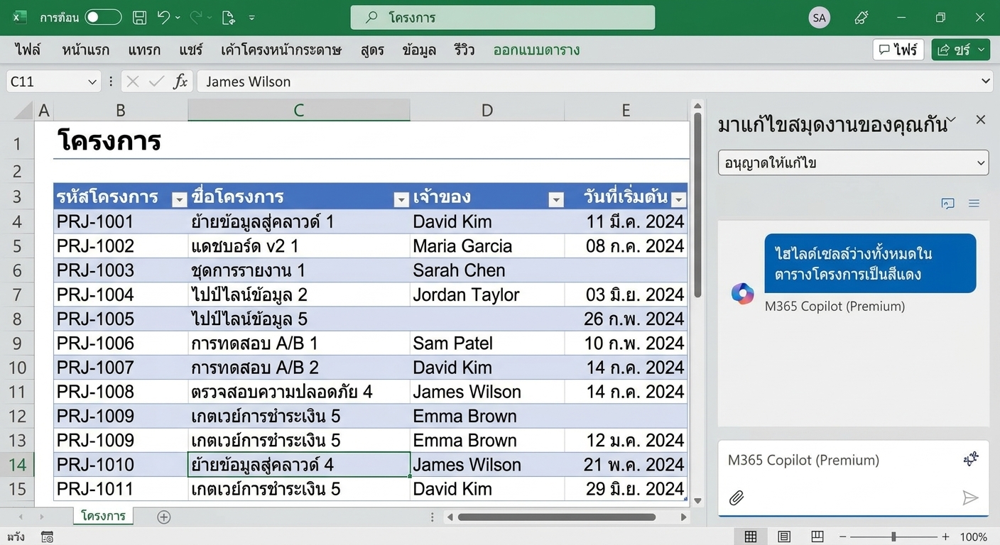 ตาราง Projects ที่มีการพิมพ์กฎสำหรับเซลล์ว่างลงในแผง Copilot