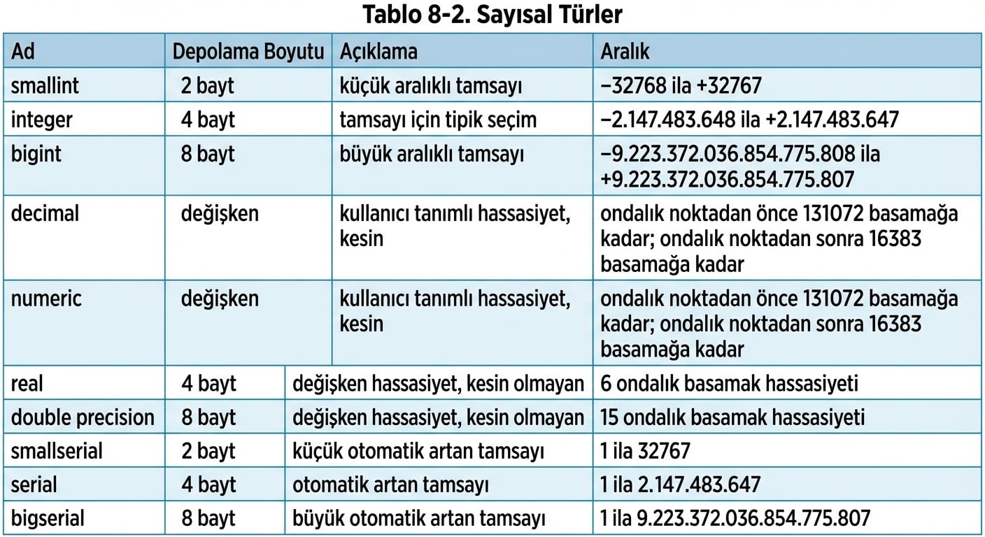 Sayısal veri türü adları ve açıklamaları tablosu