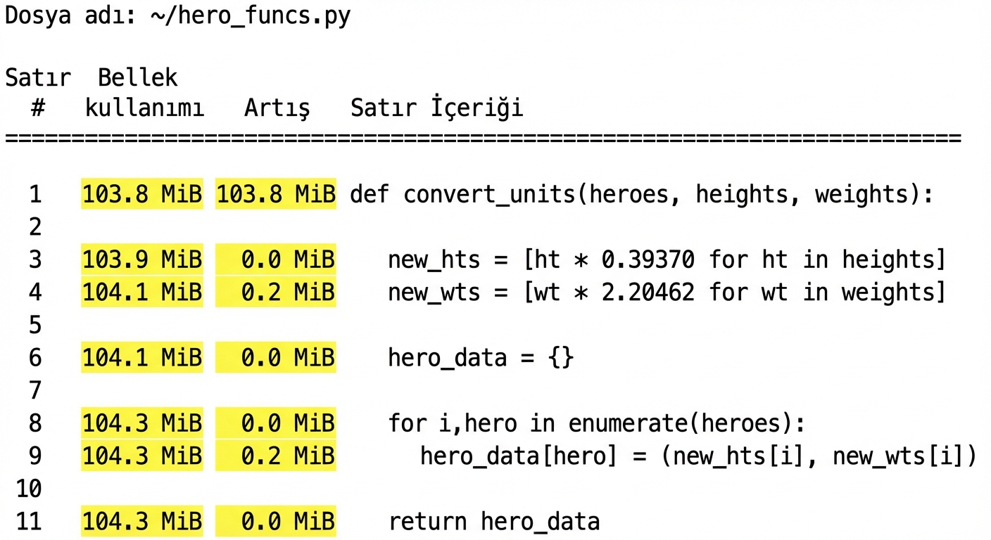 alt="Sihirli komut mprun, bellek profilleme istatistiklerinin tablo çıktısı; çıktıdaki mebibyte (MiB) vurgulanmış"