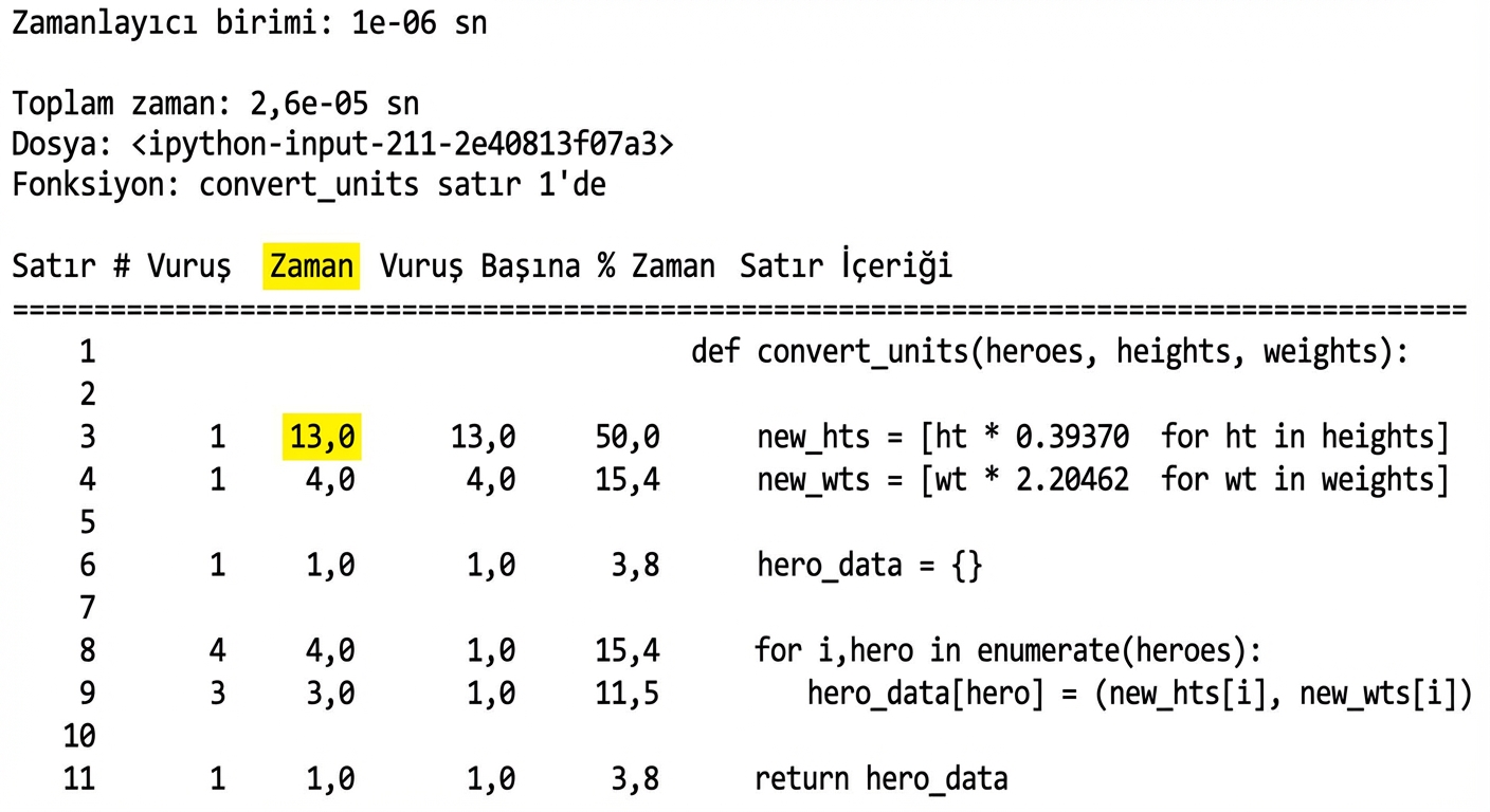 alt=”Time sütunu vurgulanmış çalışma zamanı profilleme istatistiklerini özetleyen lprun sihirli komutunun tablo çıktısı”