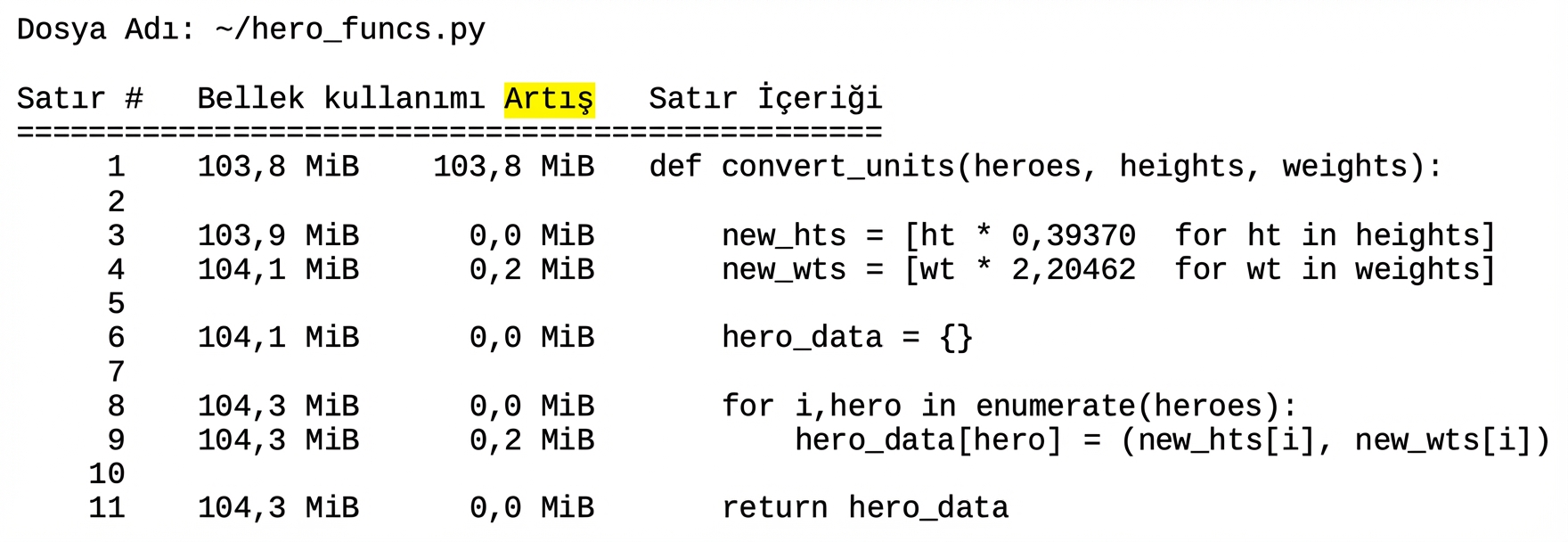 alt="Sihirli komut mprun, bellek profilleme istatistiklerinin tablo çıktısı; Increment sütunu vurgulanmış"