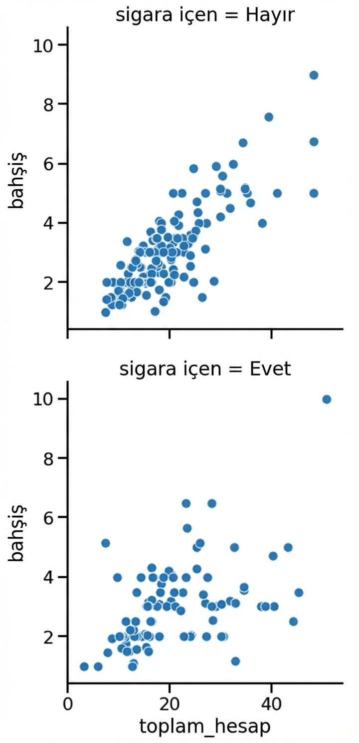 Satırlarda sigara içen alt grafikleriyle saçılım grafiği