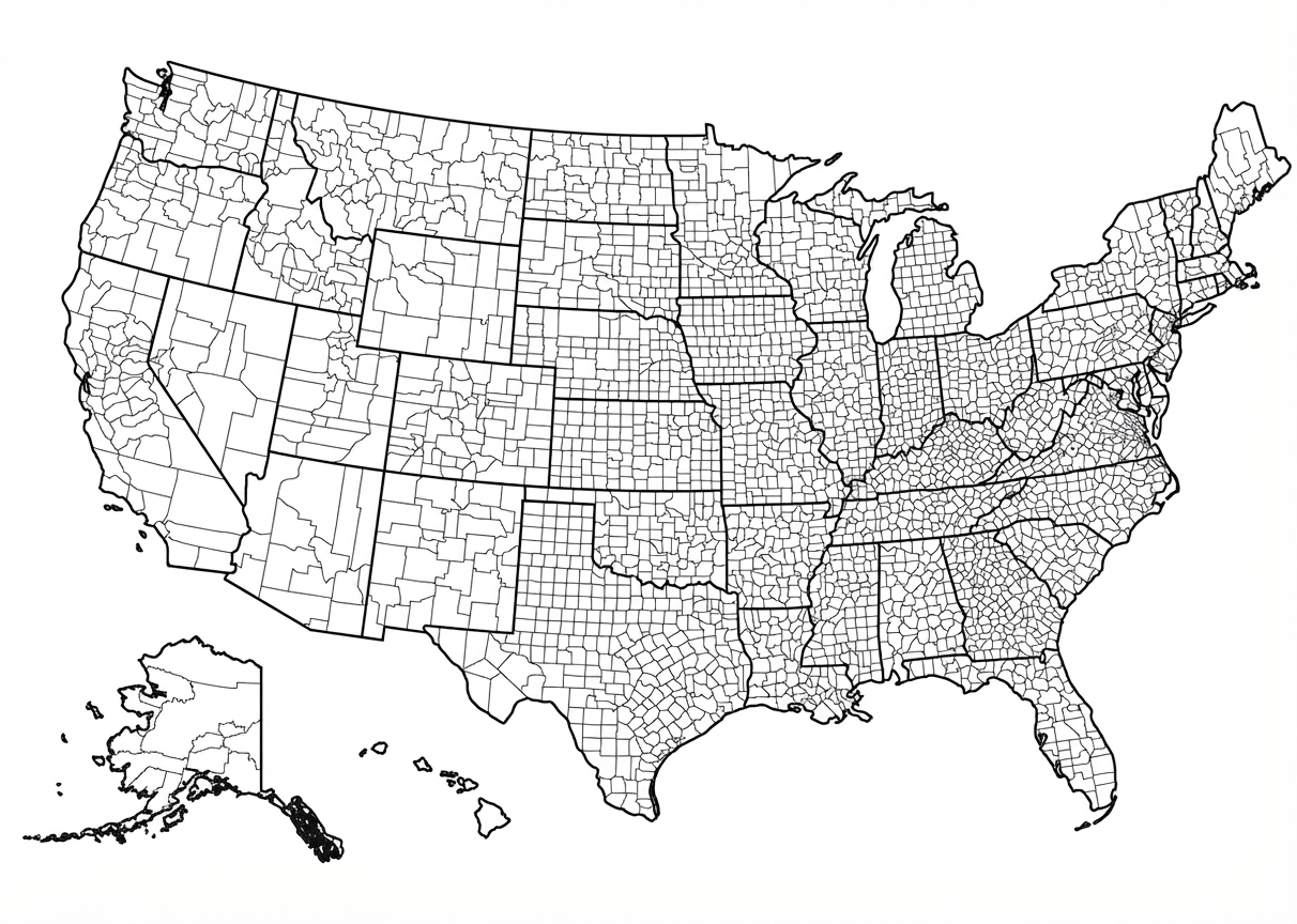 Amerika Birleşik Devletleri'ndeki ilçelerin haritası.