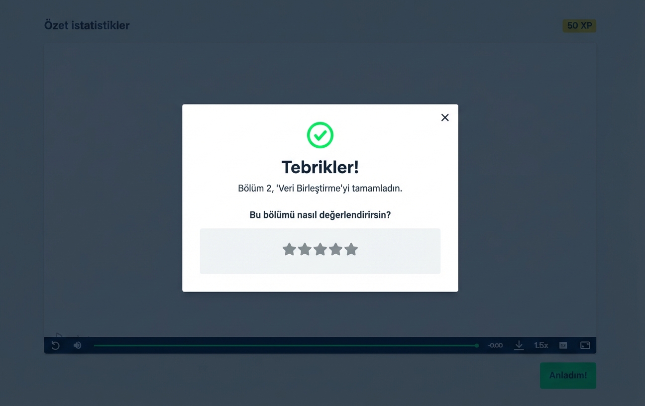 DataCamp'te bölüm puanı ekranı