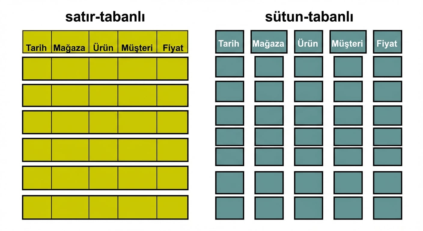 Satır ve sütun depolamayı karşılaştıran diyagram