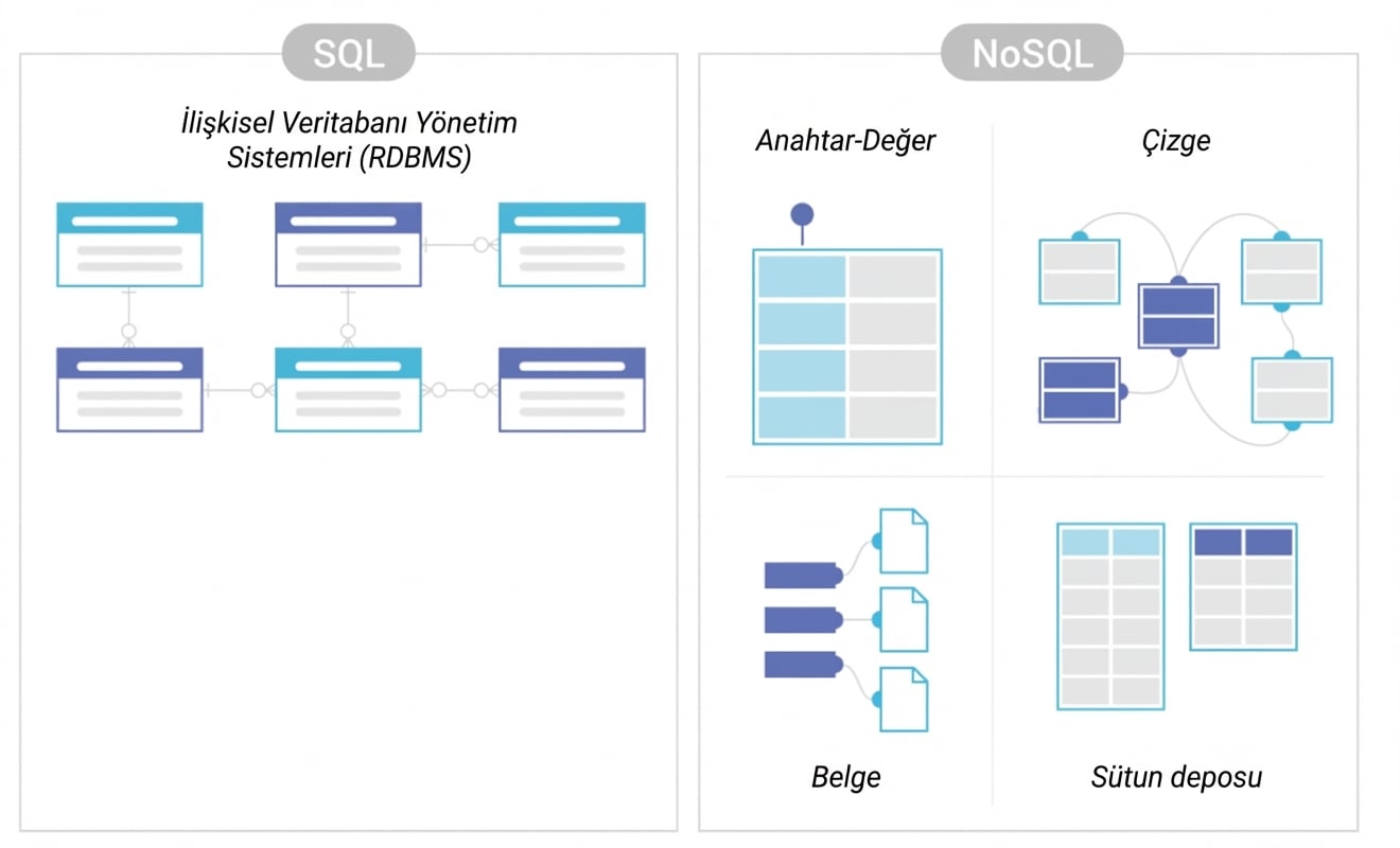 SQL ve NoSQL DBMS’lerin depolamasını karşılaştıran diyagram.