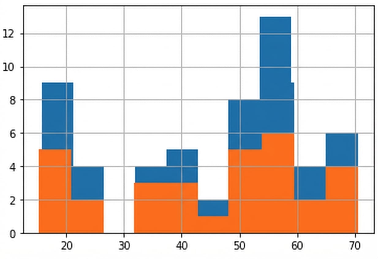 Aynı grafikte iki köpek yüksekliği histogramı. Biri mavi, biri turuncu. Turuncu histogram mavinin üstünü kapatıyor; yorumlamak zor.
