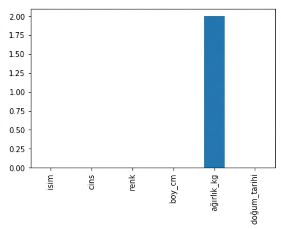 Köpekler veri setindeki her sütunda eksik değer sayısını gösteren çubuk grafik. Tüm çubuklar sıfırda, yalnızca weight sütununda iki eksik değer var.