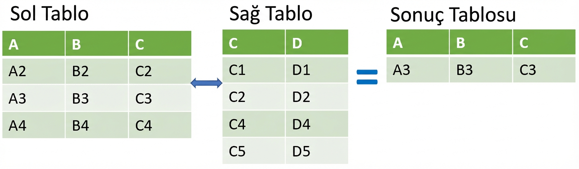 Anti join tablo diyagramı: sonuçlar sol tablodan kesişim hariç