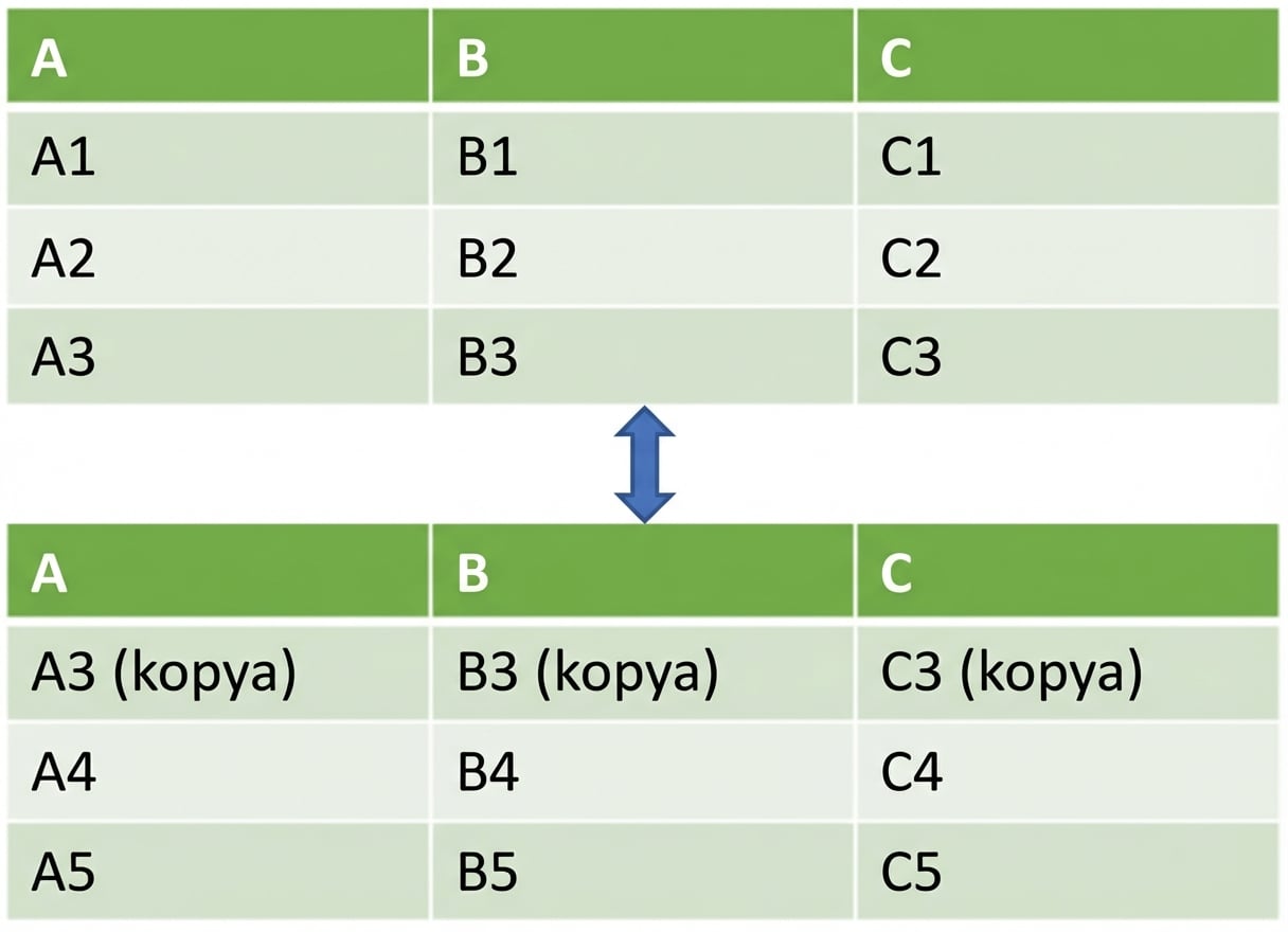 İkinci DataFrame'de yinelenen satırla dikey birleştirilmiş iki DataFrame