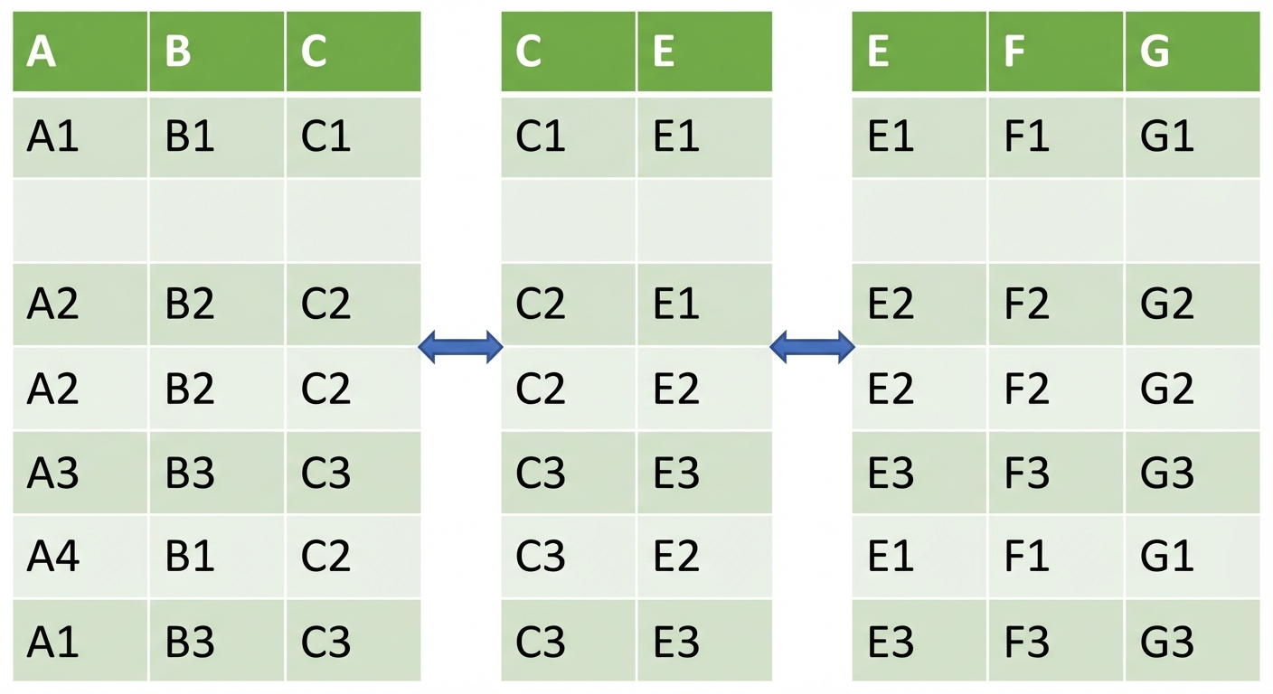 Yatay olarak birleştirilmiş üç DataFrame görüntüsü