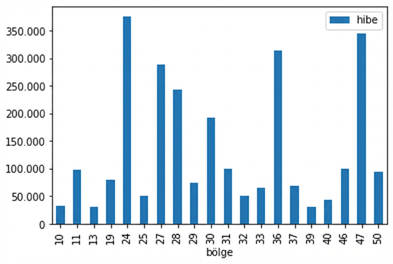 Bölgeler bazında hibelerin çubuk grafiği