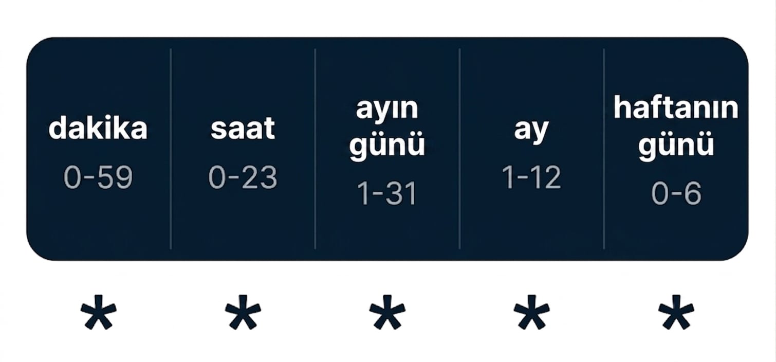Beş boşlukla ayrılmış zaman alanını gösteren cron söz dizimi diyagramı
