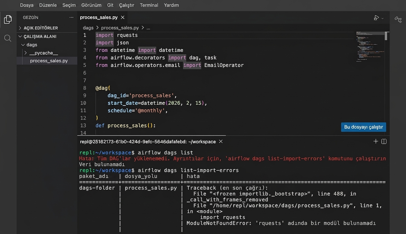 airflow dags list-import-errors çıktısını gösteren terminal, bir hata ile