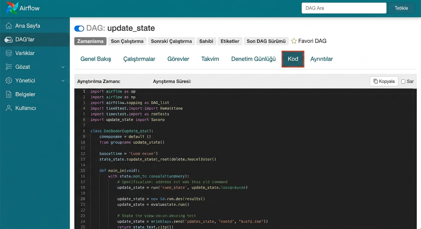 DAG’i tanımlayan salt okunur Python kaynağını gösteren Airflow DAG kod görünümü
