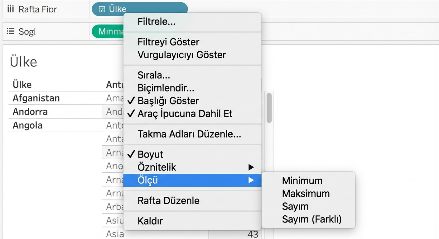 Boyutları toplamaya yönelik Tableau açılır menüsü