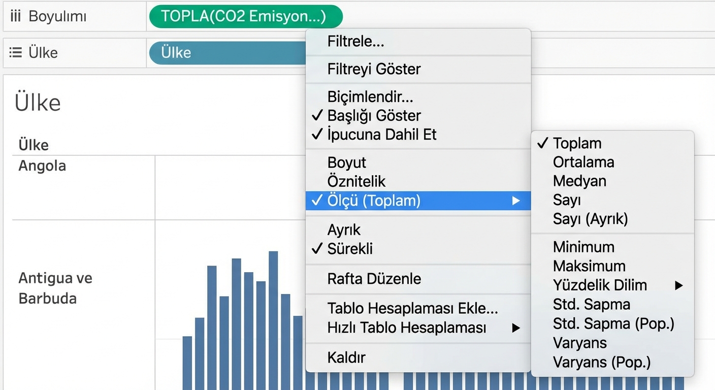 Ölçüleri toplamaya yönelik Tableau açılır menüsü