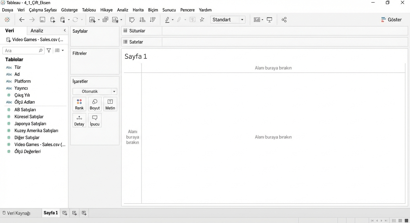 Boş bir Tableau çalışma kitabı ekran görüntüsü