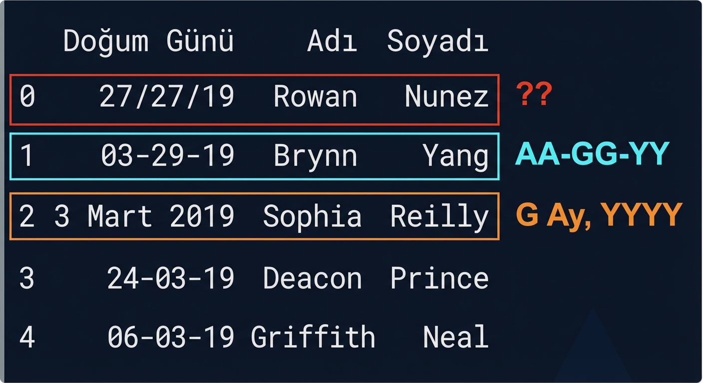 Doğum günleri veri kümesinin çıktısını gösteren bir tablo - bir satır ay/gün/yıl biçiminde; bir diğeri tam yazıyla; son satırda açıkça bir hata olan, gün bileşeninin iki kez tekrar ettiği bir biçim var.