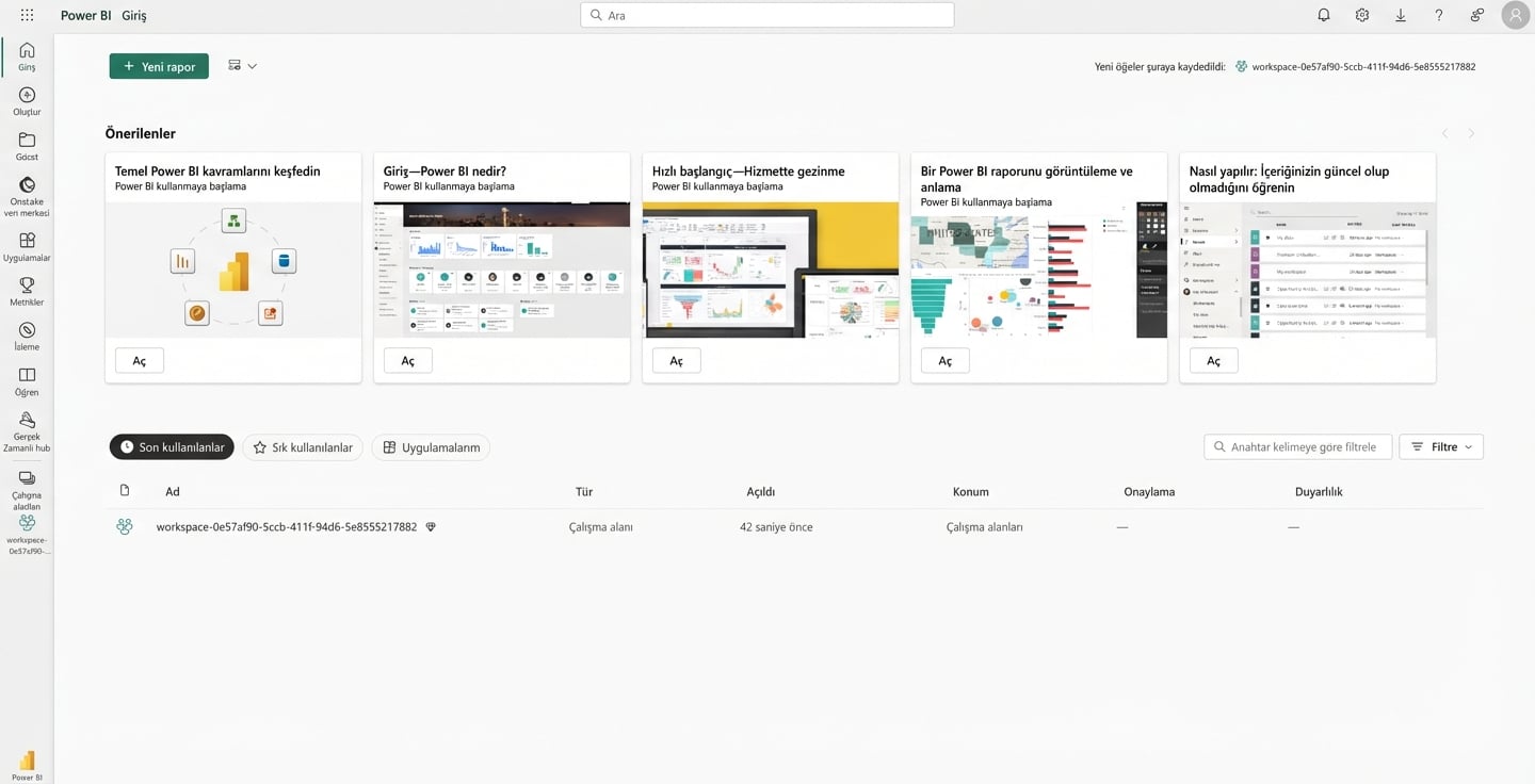 Bir kullanıcı Power BI Service'e giriş yaptıktan sonraki açılış sayfası