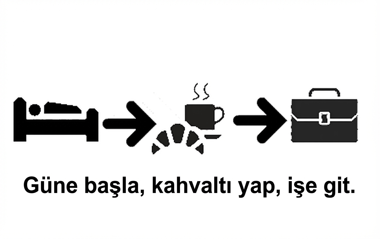 ardışık olarak yatakta kişi, kahve ve evrak çantası simgeleri