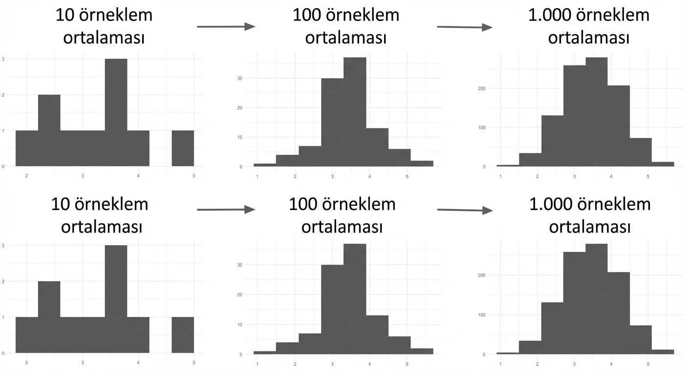 10, 100 ve 1000 örnek ortalamasının histogramları; daha yüksek sayı daha çan eğrisi biçiminde dağılım gösteriyor
