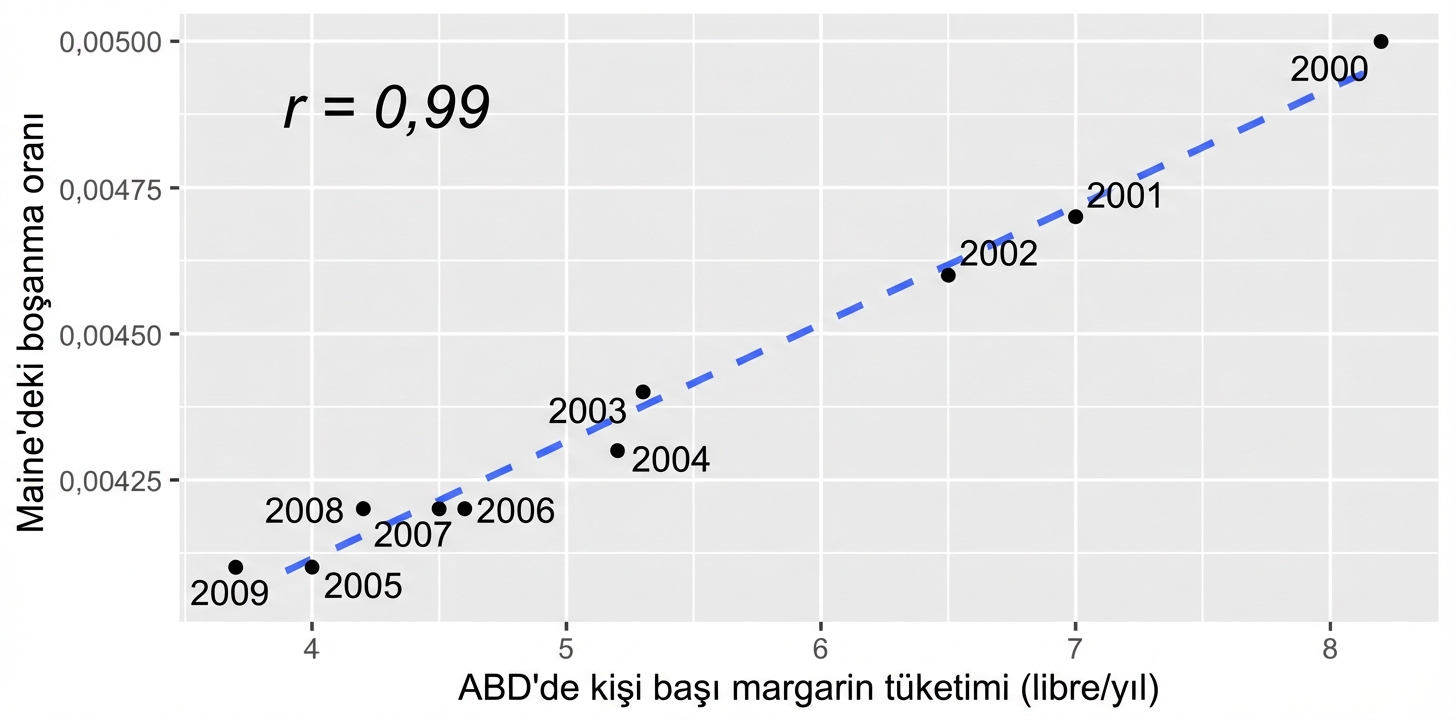 ABD'de kişi başı margarin tüketimi ile Maine boşanma oranı saçılım grafiği. Değişkenler r=0,99 ile yüksek korelasyonlu.