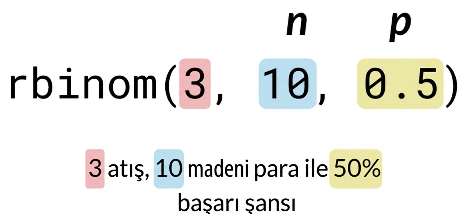 3 kırmızı, 10 mavi, 0.5 sarı olacak şekilde rbinom(3, 10, 0.5). Metin: 3 (kırmızı) tekrarda 10 (mavi) yazı-tura, başarı olasılığı %50 (sarı). 10 (mavi) üzerinde n, 0.5 (sarı) üzerinde p yazıyor.
