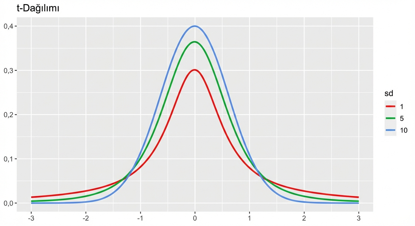 df = 1, df = 5 ve df = 10 için 3 t dağılımı