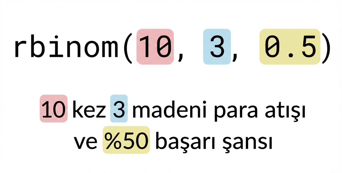 10 kırmızı, 3 mavi, 0.5 sarı olacak şekilde rbinom(10, 3, 0.5). Metin: 10 (kırmızı) tekrarda 3 (mavi) yazı-tura, başarı olasılığı %50 (sarı)