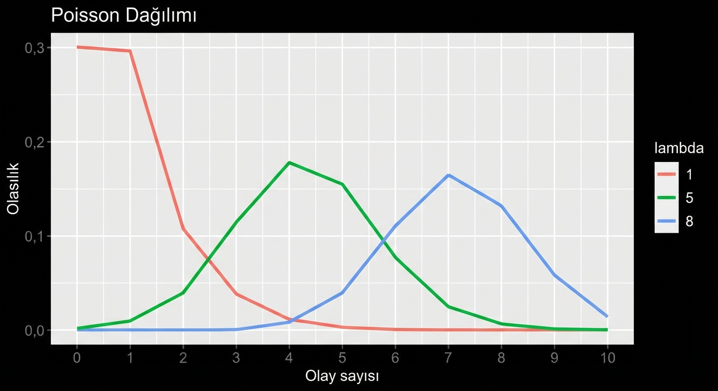 3 Poisson dağılımı: biri lambda = 1, biri lambda = 5, biri lambda = 8