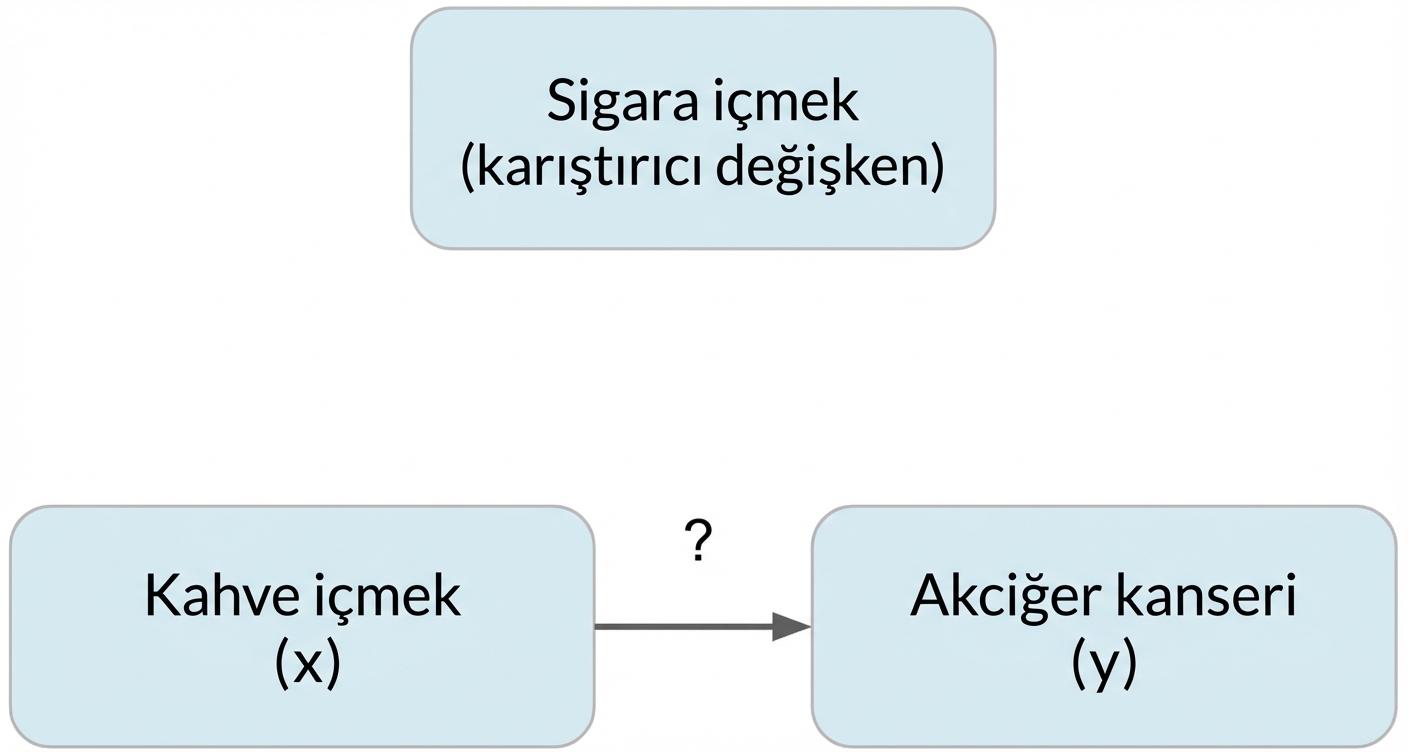 Kahve içme (x) akciğer kanserine (y) işaret ediyor; üzerinde sigara (karıştırıcı)
