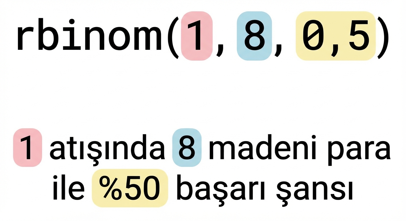 1 kırmızı, 8 mavi, 0.5 sarı olacak şekilde rbinom(1, 8, 0.5). Metin: 1 (kırmızı) denemede 8 (mavi) yazı-tura, başarı olasılığı %50 (sarı)