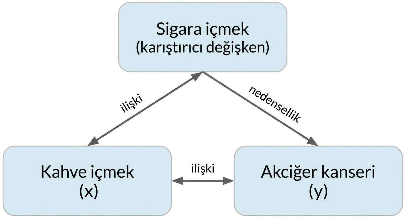 Kahve içme (x) ile akciğer kanseri (y) arasında "ilişki" çift yönlü ok. Kahve ve sigara arasında "ilişki" çift yönlü ok. Sigara’dan akciğer kanserine "nedensellik" oku.