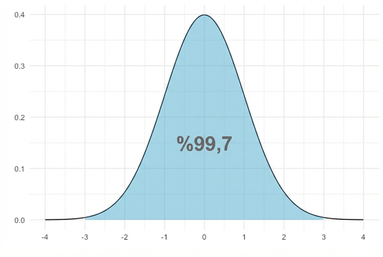 −3 ile 3 arası alanı vurgulanmış, %99,7 etiketli normal dağılım