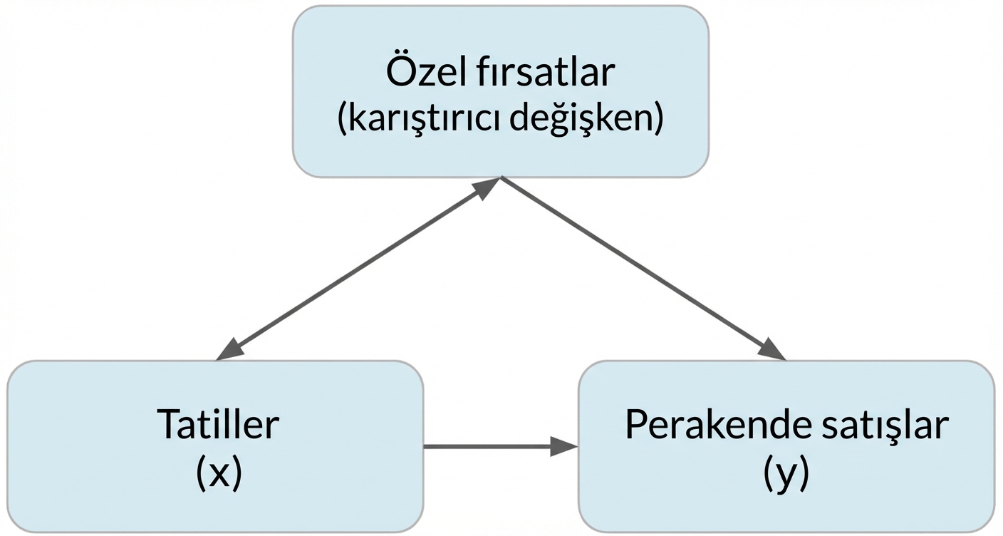 Tatil (x) perakende satışları (y) etkiliyor. Özel kampanyalar (karıştırıcı) ile tatil arasında çift yönlü, perakende satışlara tek yönlü ok.