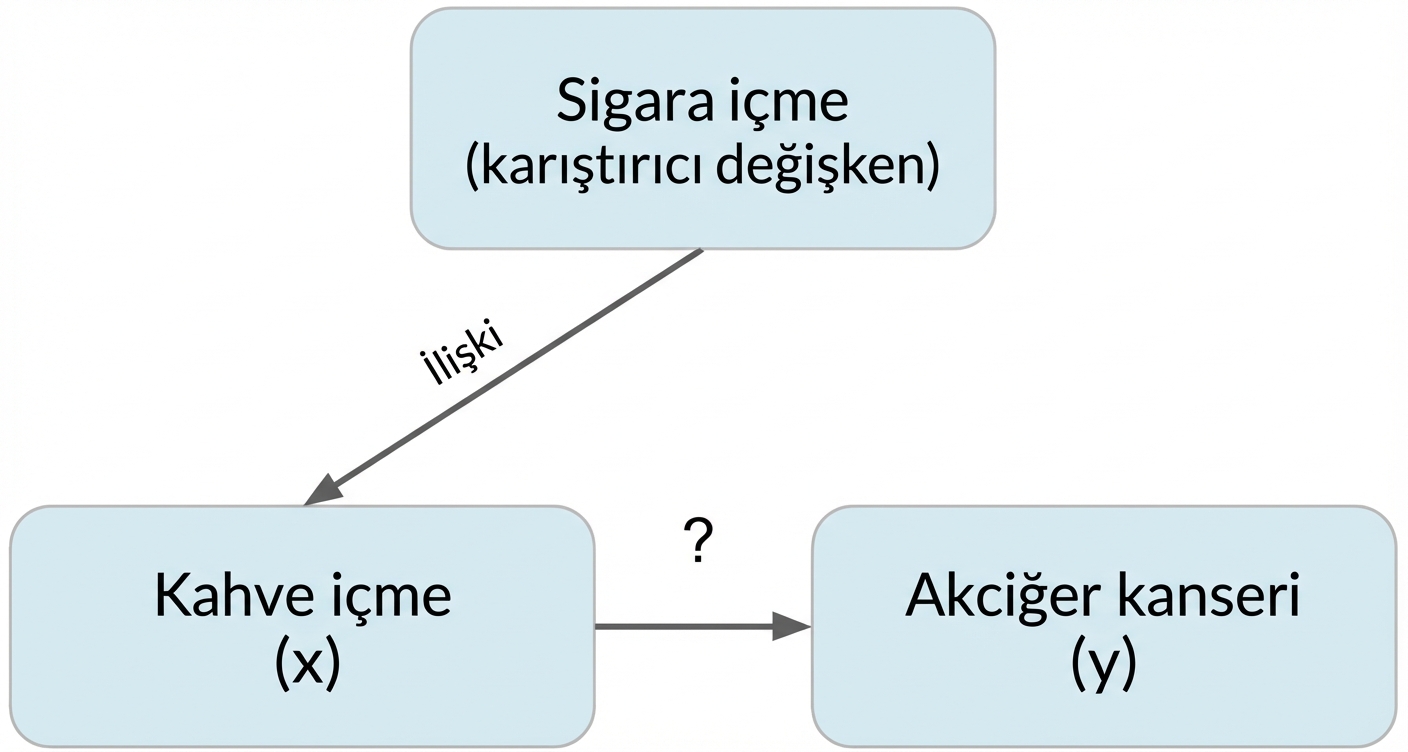 Kahve içme (x) akciğer kanserine (y) işaret ediyor; sigara (karıştırıcı). Kahve ve sigara arasında "ilişki" çift yönlü ok.