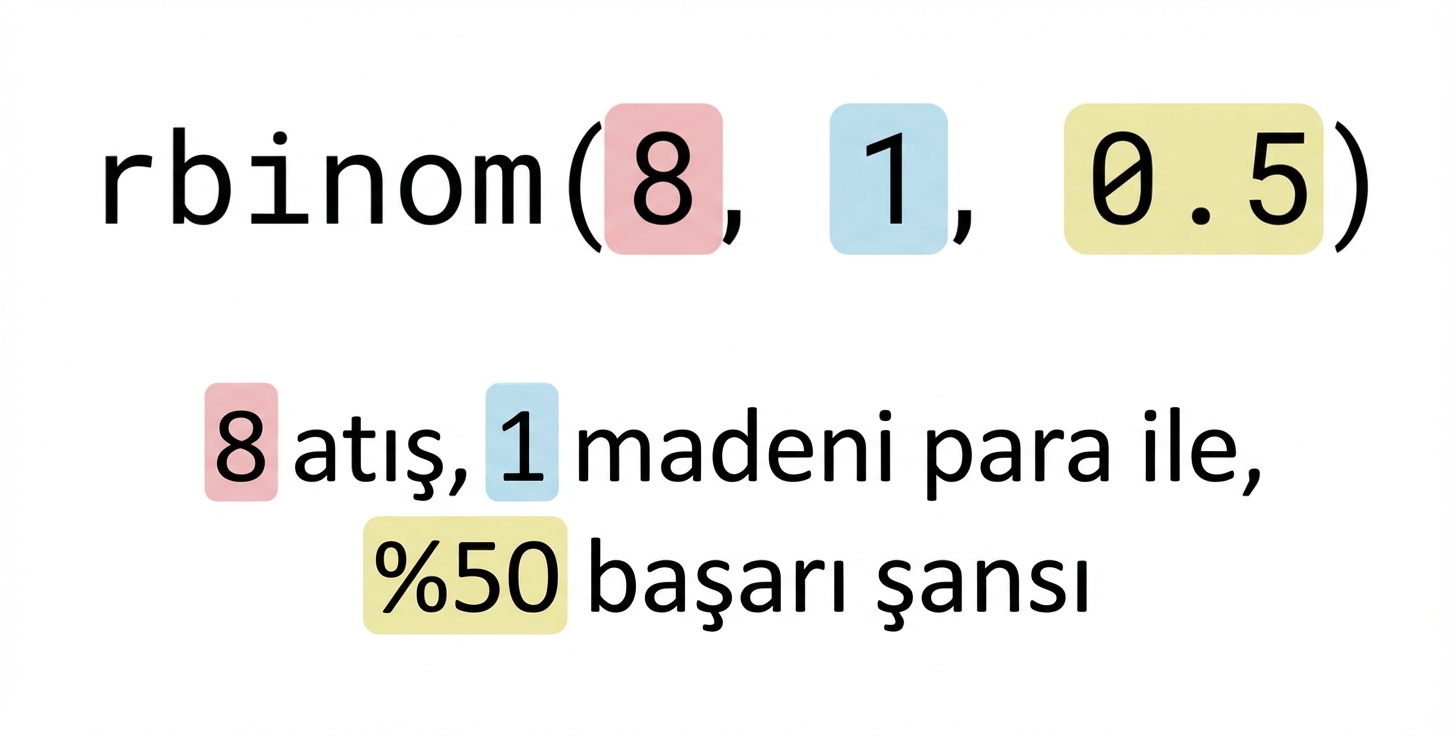 8 kırmızı, 1 mavi, 0.5 sarı olacak şekilde rbinom(8, 1, 0.5). Metin: 8 (kırmızı) tekrarda 1 (mavi) yazı-tura, başarı olasılığı %50 (sarı)