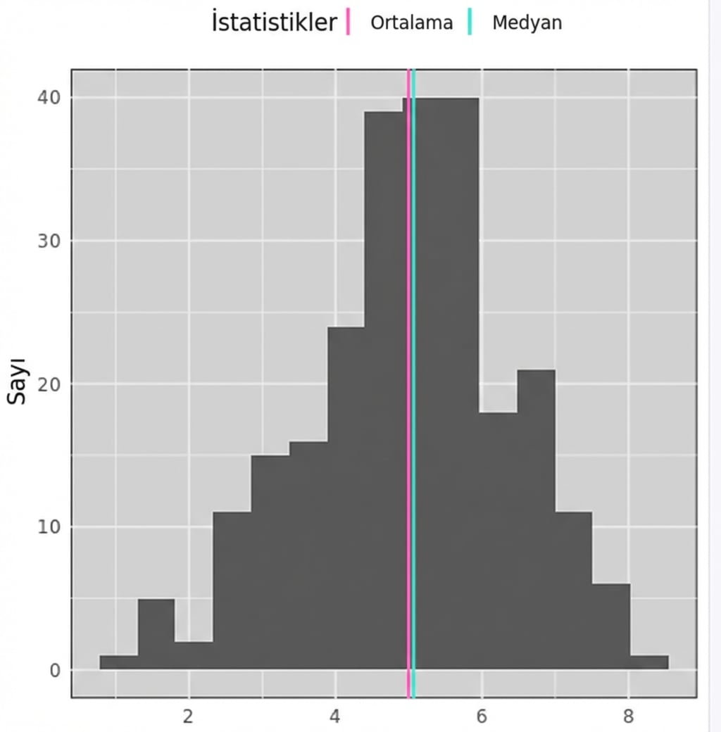 Çan şeklinde bir dağılıma sahip histogram; ortada birbirine yakın mavi ve kırmızı çizgiler. Kırmızı: ortalama, mavi: medyan.