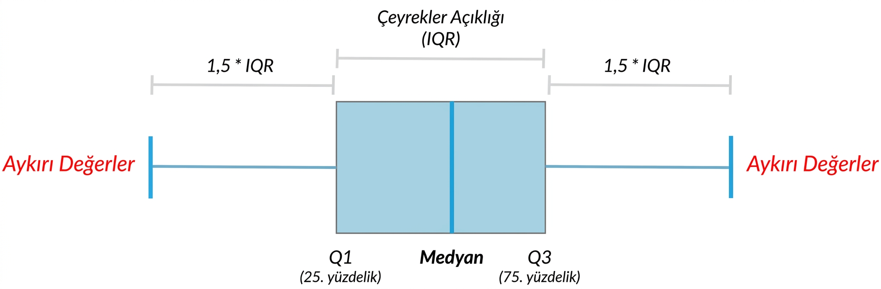 Ortanca, çeyrekler ve aykırı değerleri gösteren bir kutu grafiği diyagramı