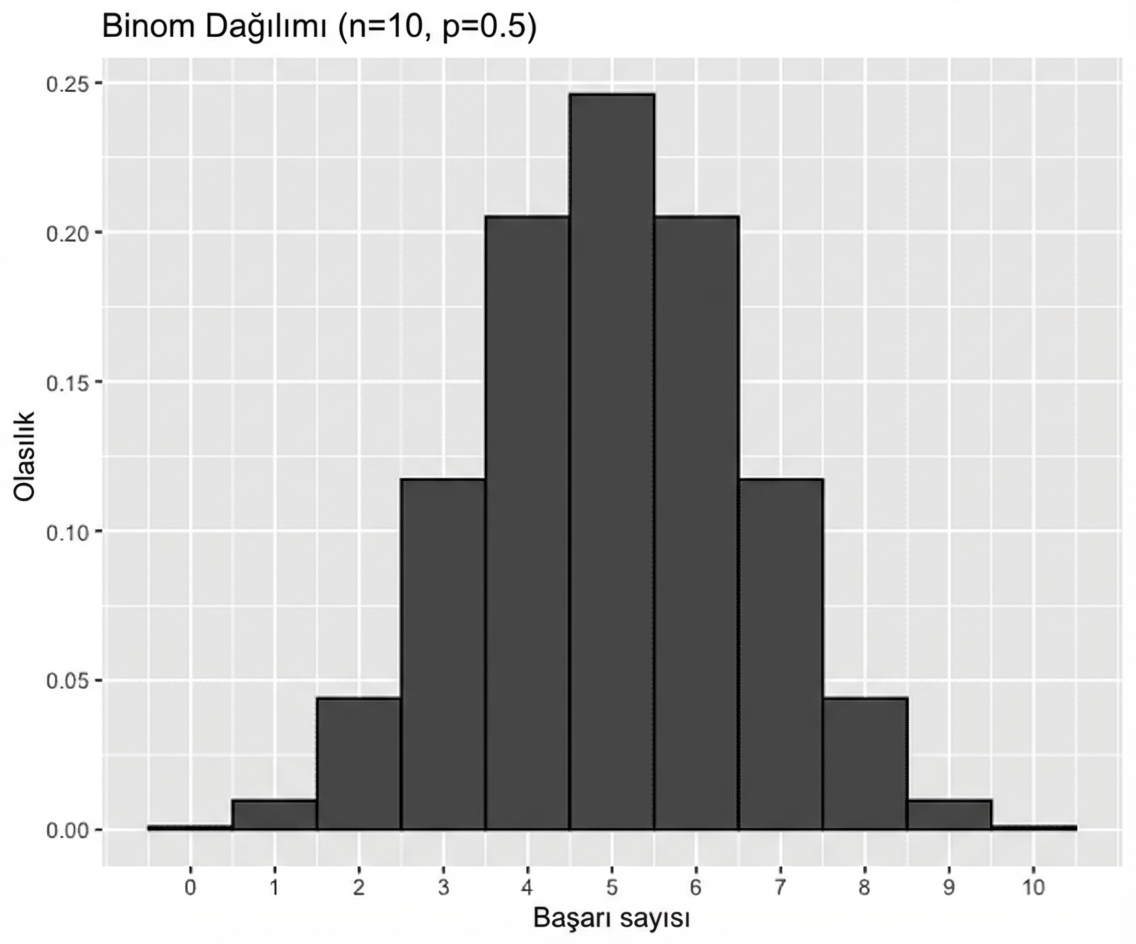 n=10, p = 0.5 için binom dağılımı grafiği