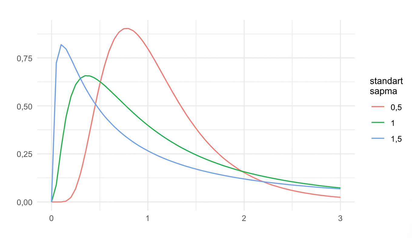 sd = 0.5, sd = 1 ve sd = 1.5 için 3 log-normal dağılım