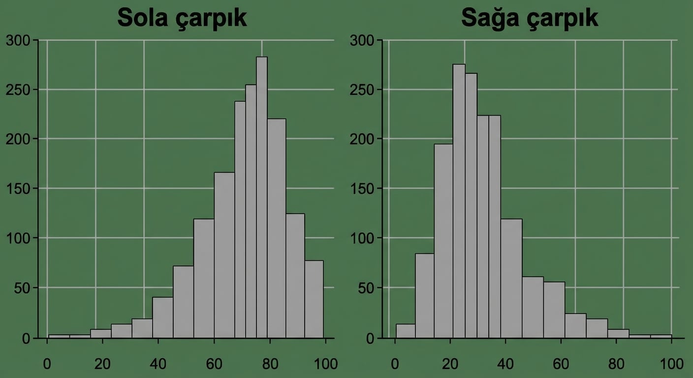 Başlıklı: Sağa çarpık. Solda çok, sağda az değere düşen histogram.