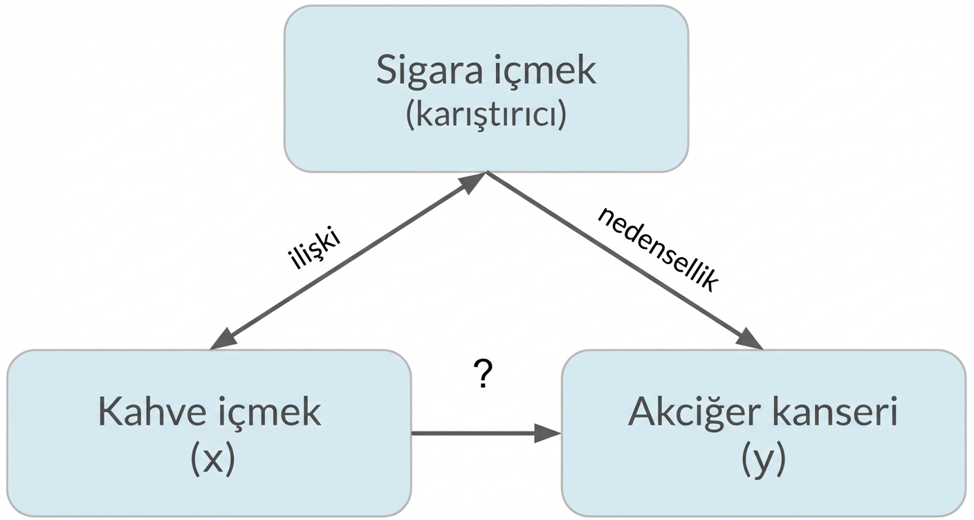 Kahve içme (x) akciğer kanserine (y) işaret ediyor; sigara (karıştırıcı). Kahve ve sigara arasında "ilişki" çift yönlü ok. Sigara’dan akciğer kanserine "nedensellik" oku.