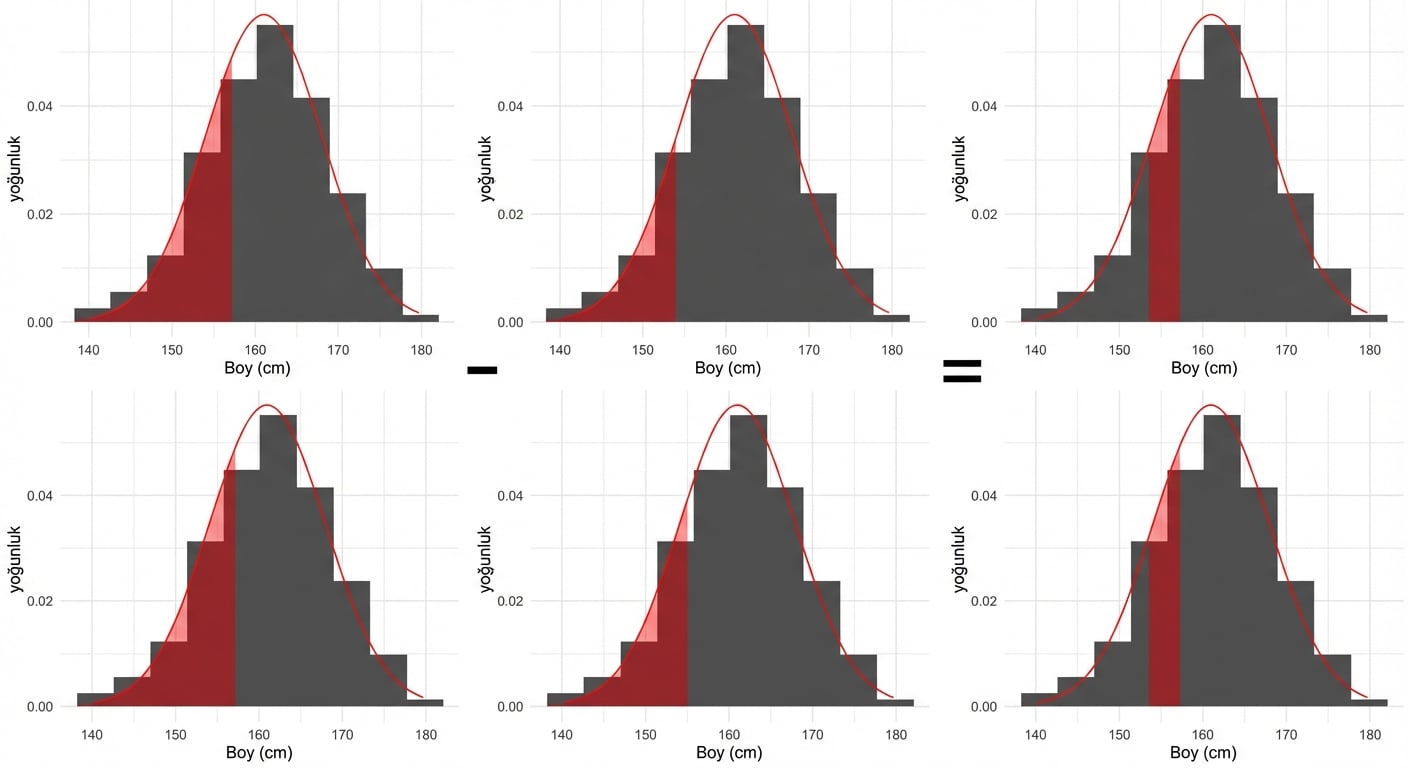157’den küçük alan eksi 154’ten küçük alan = 154 ile 157 arası alan