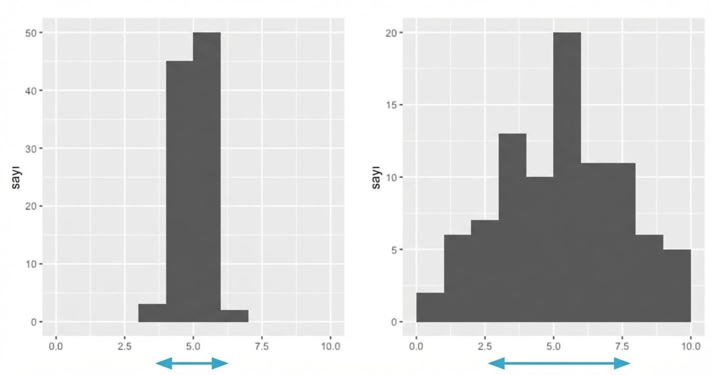 İki histogram: biri dar ve birkaç değeri kapsıyor, diğeri geniş ve daha çok değeri kapsıyor.