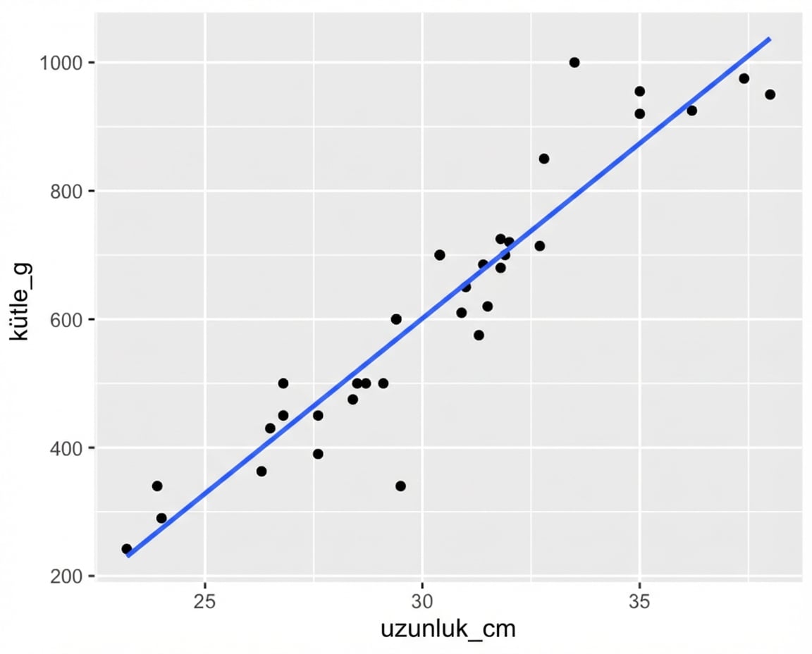 Daha önce gösterilen eğilim çizgili sazan kefal kütlesi ile boyunun saçılım grafiği.