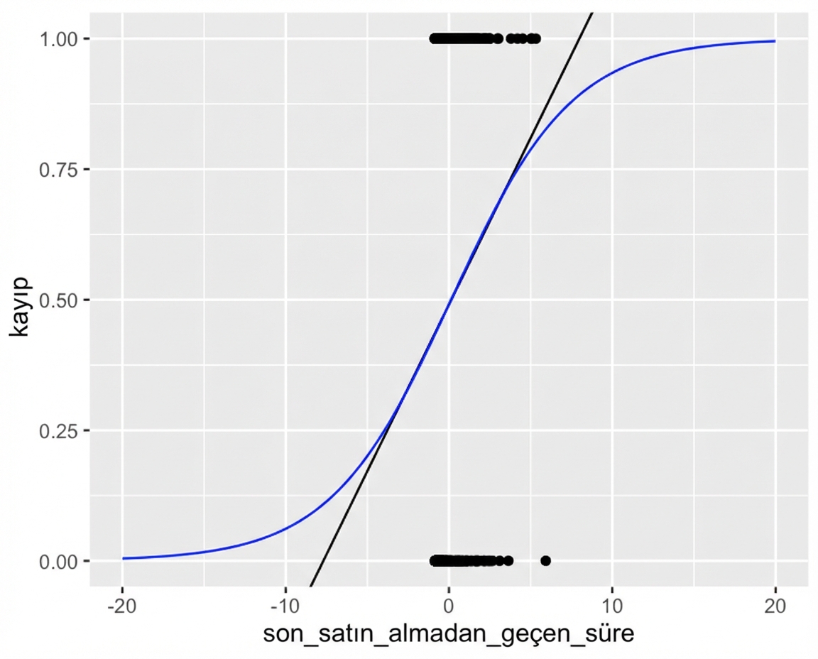Müşterinin ayrılıp ayrılmadığına karşı son satın almadan bu yana geçen süre saçılım grafiği; her iki eğilim çizgisiyle. Eksenler uzaklaştırılmıştır; lojistik çizgi, ayrılma aralığı olan 0–1 dışına hiç çıkmaz.