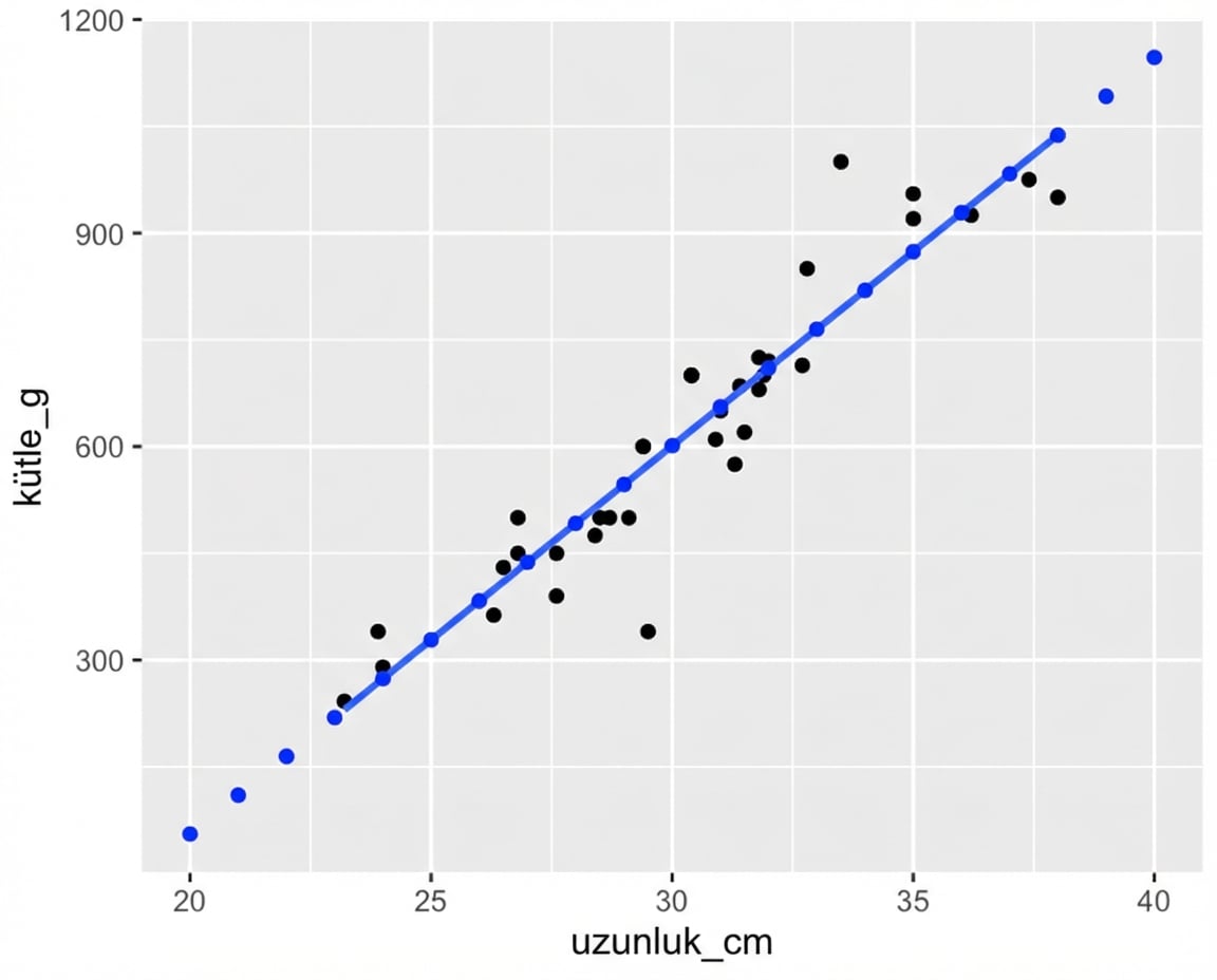 Çipura kütlesinin uzunluğa karşı saçılım grafiği; doğrusal eğilim çizgisi var. grafik, predict() ile hesaplanan noktalarla açıklamalı. Bu noktalar eğilim çizgisini tam olarak takip ediyor.